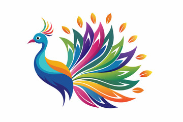 majestic abstract peacock logo with its tail feathers depicted in a burst of vibrant colors.
