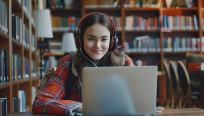 Happy grunge rock girl with backpack and headphones studying on her laptop