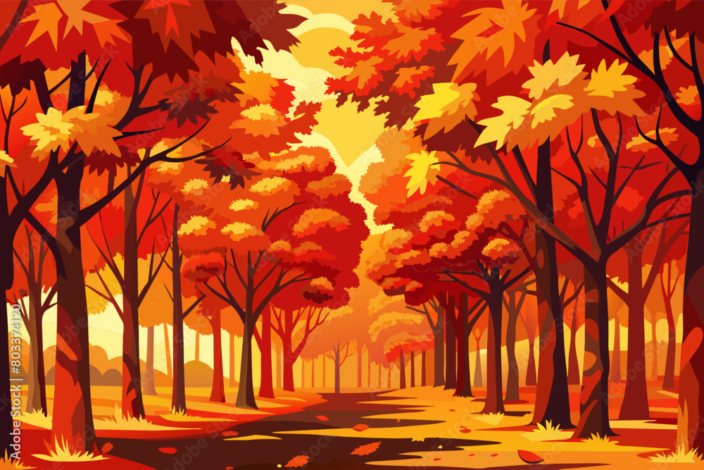 Poster grove of maple trees with leaves ablaze in shades of red, orange, and yellow, creating a stunning di