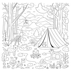 coloring book page illustration of a forest adventure with a tent, campfire, and woodland animals.