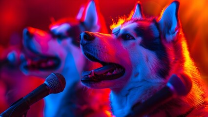 80s discothemed concert featuring singing dogs with karaoke huskies and microphones. Concept 80s...