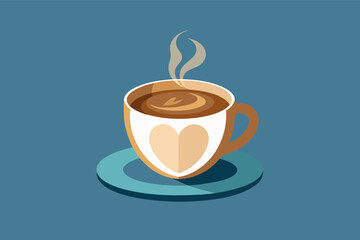 flat vector illustration of a steaming cup of coffee with a heart-shaped latte art.