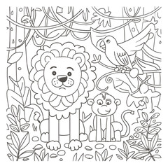 coloring book page illustration of a jungle scene with a lion, monkey, and parrot among vines and trees.