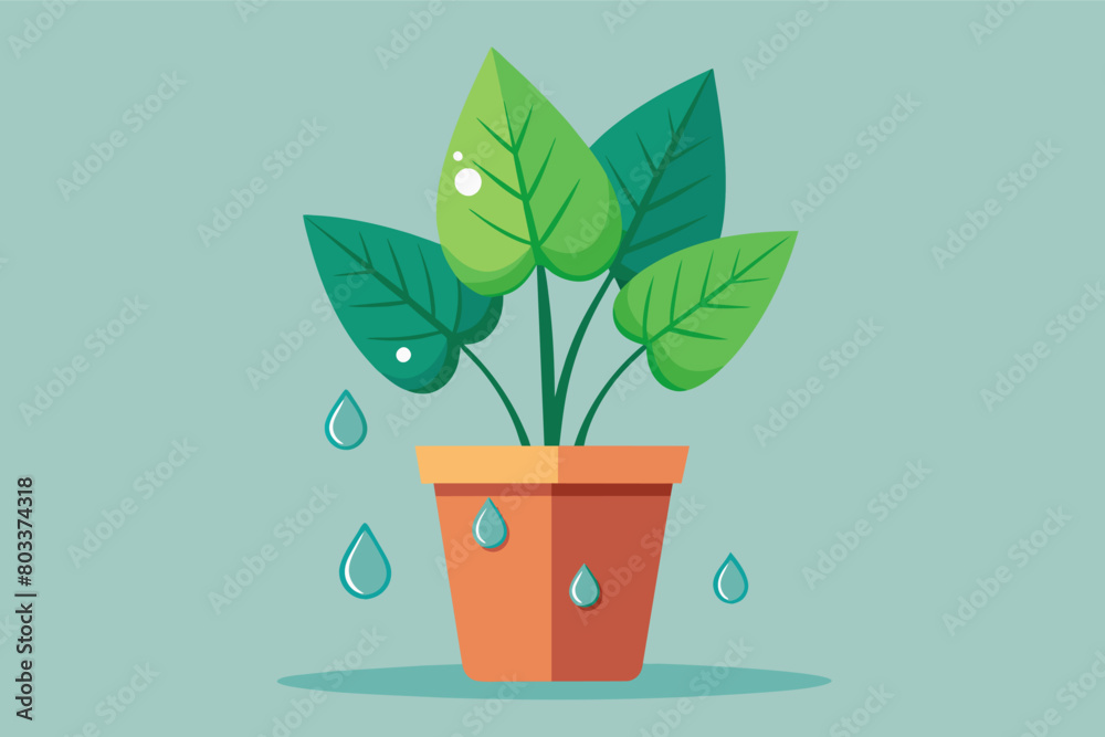 Poster flat vector illustration of a simple houseplant with dew drops on its leaves.