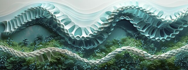Explore a stunning display of DNA strands and cells in serene greens and blues, perfect for biotech firm promotions.