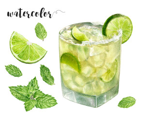 Watercolor illustration of Margarita cocktail glass with limes close up. Design template for packaging, menu, postcards. PNG