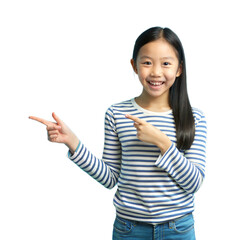 Young Girl Smiling and Pointing to the Side, Standing Against a Transparent Background