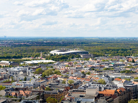 LEIPZIG, GERMANY - 27. April 2024: Red Bull Arena in the cityscape of Leipzig in Saxony. Stadium building exterior from an aerial view for the football team. Travel destination for many tourists.