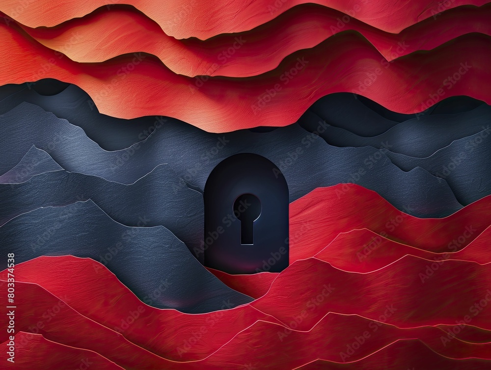 Wall mural Explore the innovative visual representation of cybersecurity, showcasing a digital lock and firewall through minimalist paper cutouts in red and black hues, for promoting security tech services.