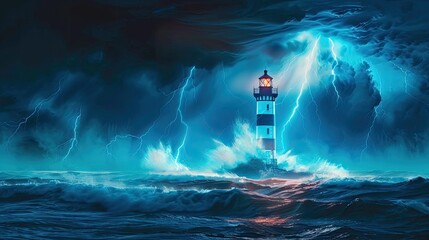 Lighthouse Battling Stormy Ocean Waves