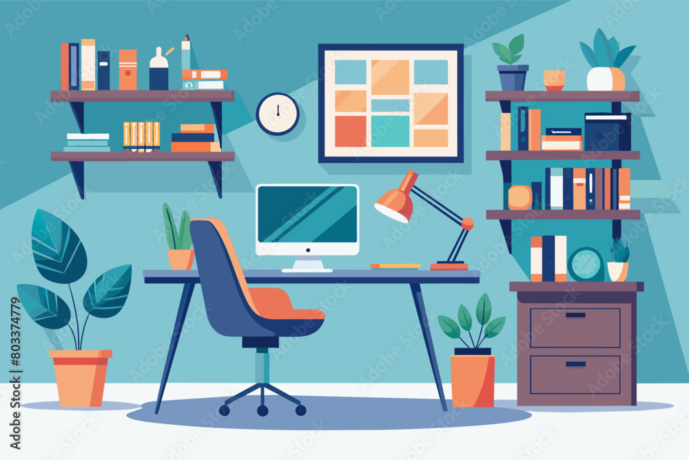 Poster chic home office with a floating desk, built-in shelves, and a comfortable chair, creating a functio