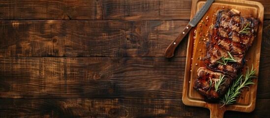 Top view of grilled steak on a cutting board with empty space.