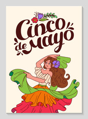 Cinco de mayo celebration poster. Vertical background with dancing Mexican woman. Hand Lettering. Flamenco musical performance. Mexico Dancer at Cinco De Mayo festival. Vector doodle illustration.