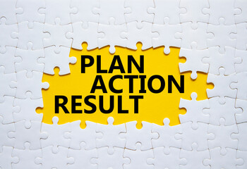 Plan Action Result symbol. Concept words Plan Action Result on white puzzle. Beautiful yellow...