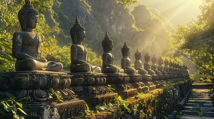 Buddha statues line the background as the sun rises