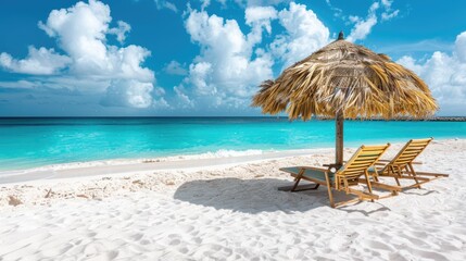 Chair and Umbrella on Beach by Ocean