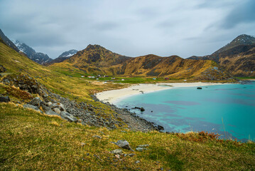 Fototapeta premium nature sceneries inside the area surroundings of Leknes, Lofoten Islands, Norway, during the spring season