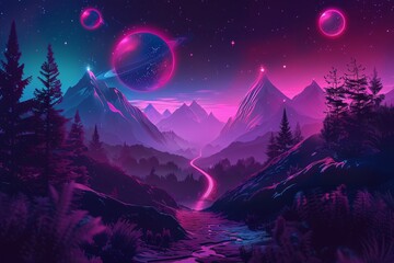 Dark synthwave landscape with mountains, trees and planets in the sky 