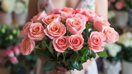 A florist arranged pink roses for a woman in an elegant dress. Concept Floral Arrangement, Pink Roses, Elegant Dress, Women, Florist