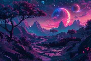 Fototapeta premium Dark synthwave landscape with mountains, trees and planets in the sky 