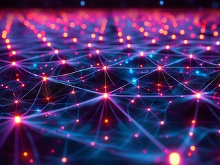 Fototapeta premium Digital landscape of a 3D grid with glowing nodes, representing a virtual reality space, dark background with neon accents