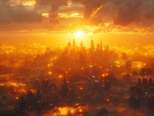 HyperDetailed Megacity at Magic Hour with Product Placement in Stylized Yellow Dusty Piles Illuminated by Sunset Lighting