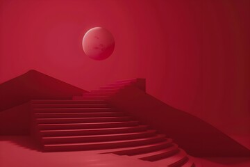 Minimalist background with stairs and planet, dark red gradient color, minimal, flat lay, 3d render, high resolution, high quality, high definition, high detailed, colorful 
