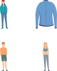 Sportswear icons set cartoon vector. Man and woman in sportswear. Healthy lifestyle