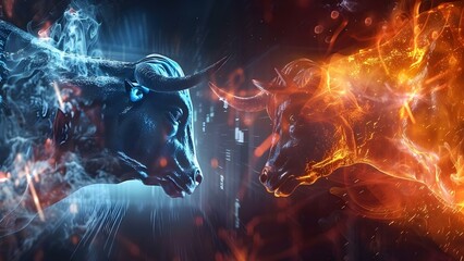 Tense trading floor scene with bull and bear symbols traders watching intently. Concept Financial Markets, Stock Trading, Bull vs Bear, Traders' Strategies, Market Volatility