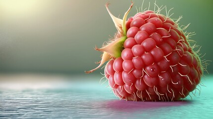 A single, ripe raspberry with fine details, from its delicate hairs to the dewdrops on its surface,...
