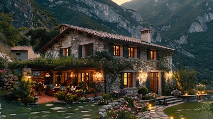 Obraz premium Large House Surrounded by Abundant Flowers