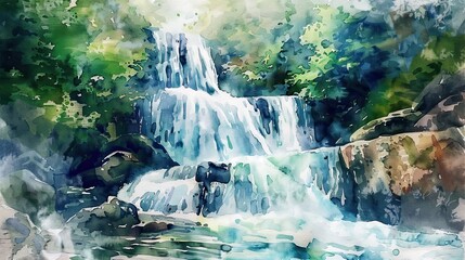 Waterfall watercolor background. Watercolor waterfall landscape, painting style. nature wallpaper on canvas