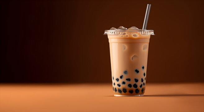 Milk tea and tapioca balls in a transparent glass. Iced bobba milk tea, summer drink on flat brown background with copy space, banner template