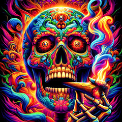 Digital art vibrant colorful psychedelic skull smoking a blunt