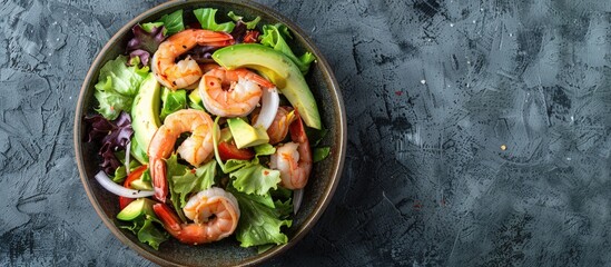 Salad with avocado and shrimp in a bowl, viewed from the top, with space for text placement.