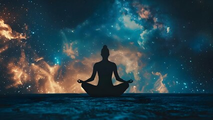 Meditating Person in Cosmic Space: Embracing Spiritual Transcendence. Concept Spiritual Awakening, Cosmic Connection, Meditation Journey, Outer Space Serenity, Tranquil Enlightenment