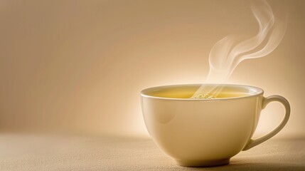 An elegant, white porcelain teacup filled with steaming green tea, the steam rising in delicate swirls, set against a smooth, warm beige background.