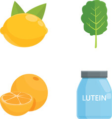 Lutein product icons set cartoon vector. Lutein product and dietary supplement. Food vitamin