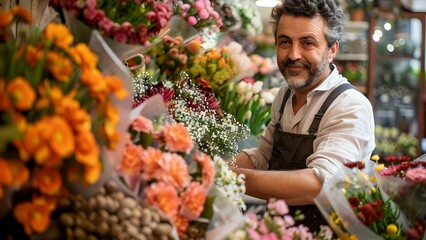 Florist man happily arranging bouquets in his shop. Concept Floral Arrangement, Happy Florist, Flower Shop, Bouquets, Florist at Work