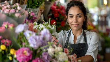 Content female florist in apron working happily in flower shop. Concept Flower shop owner, Floral arrangements, Working with flowers, Business owner, Small business success