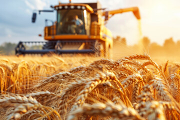 Golden ripe wheat cereal field meadow on bright summer day. Harvest background.