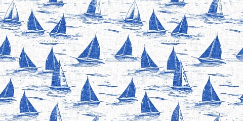 Coastal sail boat in azure ocean blue seamless border background. Modern sailing boat block print for decorative coast interior furnishing fabric for rustic linen beach cottage banner trend. 