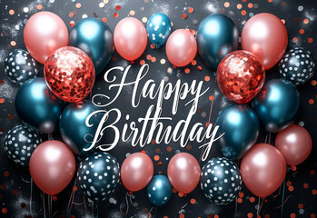 happy birthday text, happy birthday card with balloons