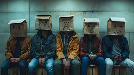 Emotive Concealment: Five Seated Figures with Paper Bag Masks