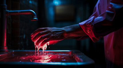 A medical professional in crimson attire meticulously cleansing hands under violet illumination.
