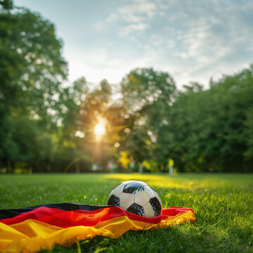  Soccer ball sunset with german flag at the soccer field - Football in the sunset