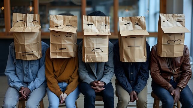 Concealed Expressions: Five Seated Figures with Paper Bag Masks