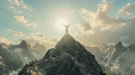 a person standing on top of a mountain with their arms in the air. generative ai hyper realistic  - obrazy, fototapety, plakaty