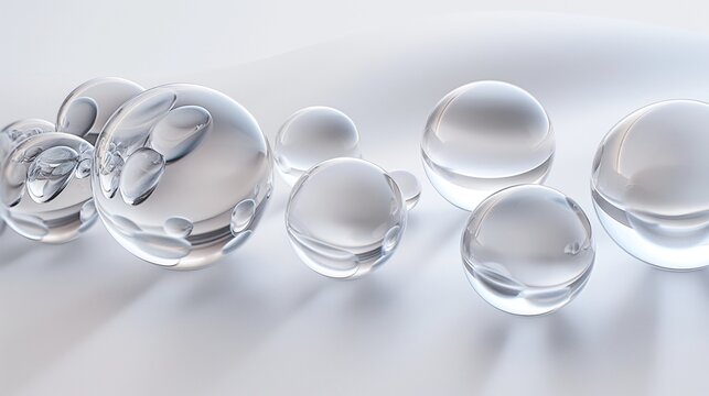 A series of transparent glass orbs, each catching and refracting light in a unique way, arranged in a gentle arc against a smooth, light silver background.