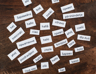European languages, word hello in different language spoken in Europe, concept of multilingual...